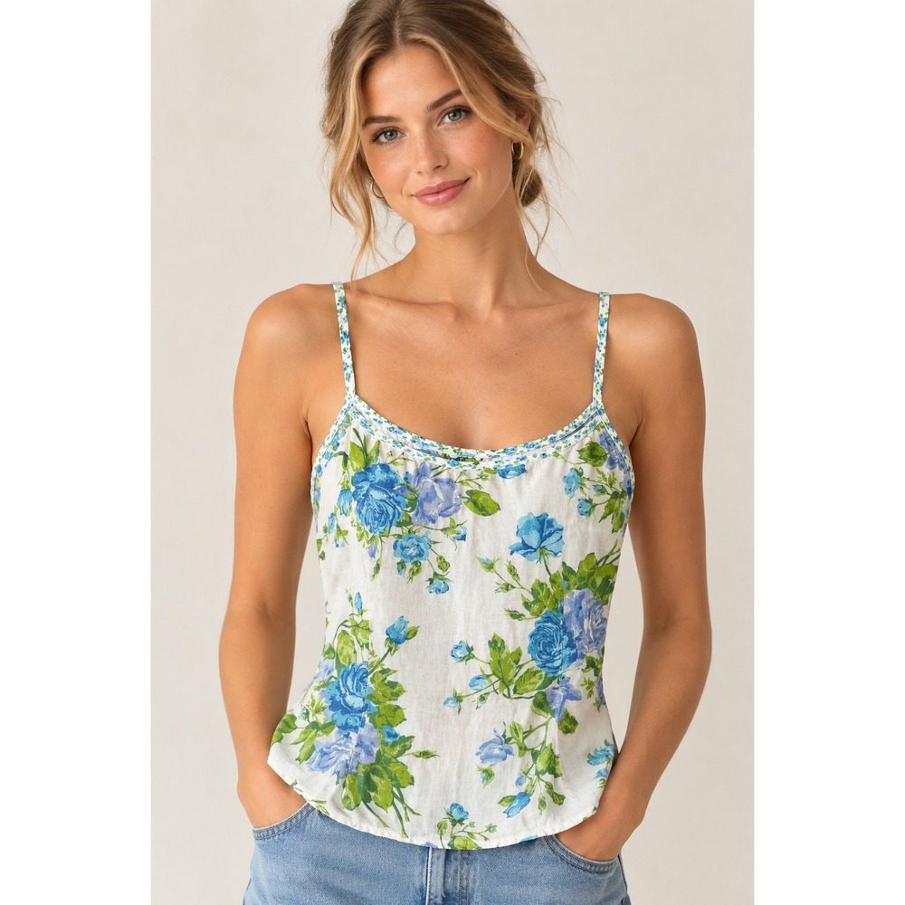 Vintage Y2K Floral Linen Camisole Top Blue Green Rose Button Front Size Medium